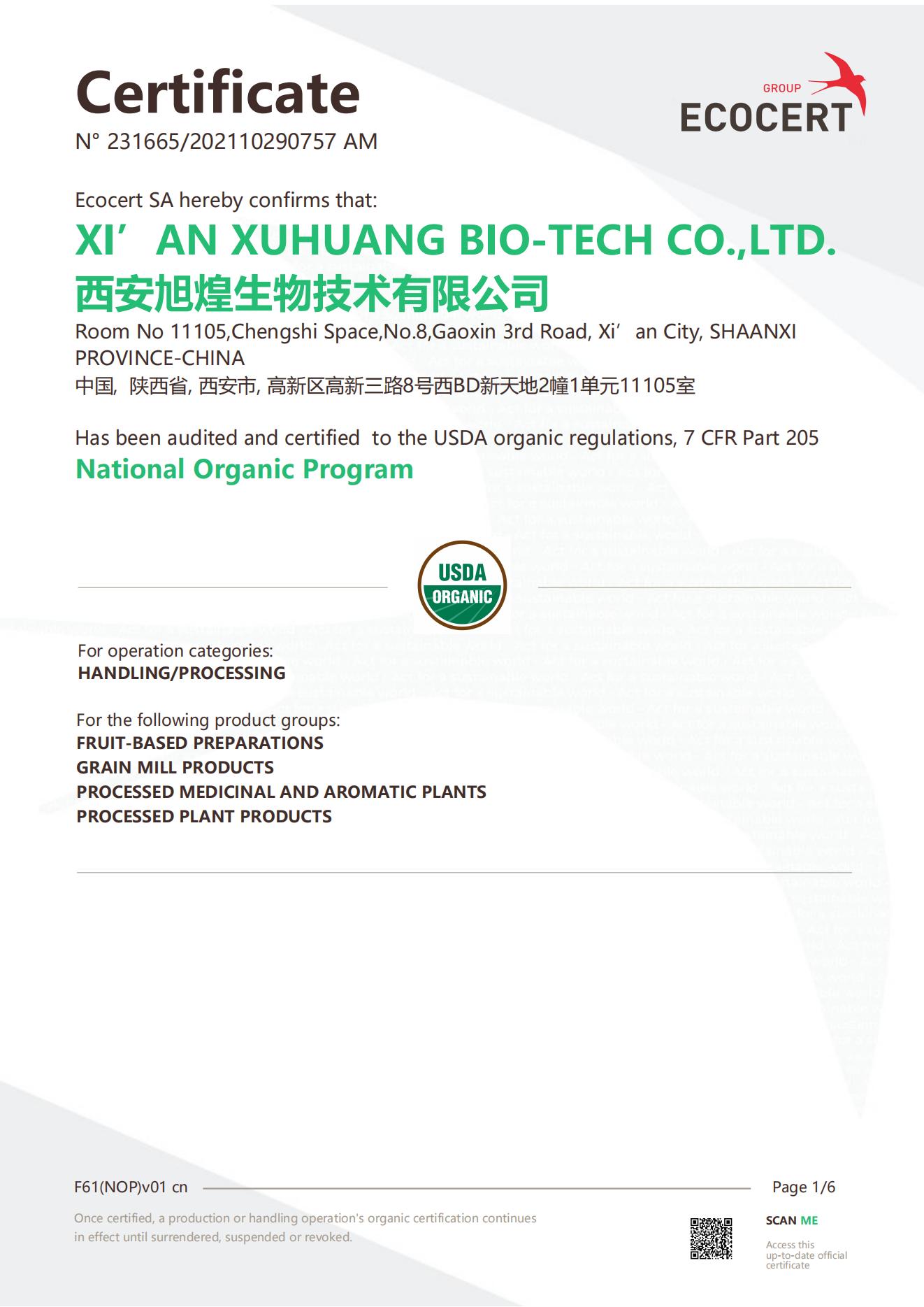 Bio-Zertifikat USA (NOP) -Xuhuang
